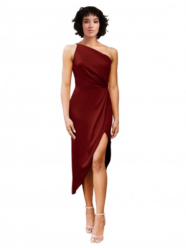 Shop One Shoulder Cocktail Midi Length Short Formal Stretch Satin Wrap Style Bridesmaid Dress / Prom Dress UK