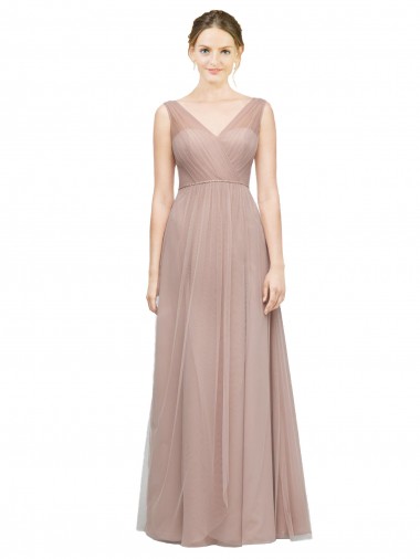 Shop Full Length Draped Long V-Neck Tulle Bridesmaid Dress UK