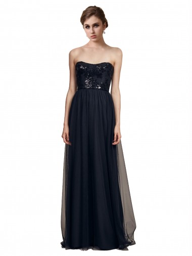 Shop Strapless Sequined Lace Long Bridesmaid Dress with Pleats UK