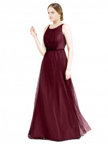 Shop Sleeveless Boat Neck Long Pearl Tulle Bridesmaid Dress with Keyhole Back UK