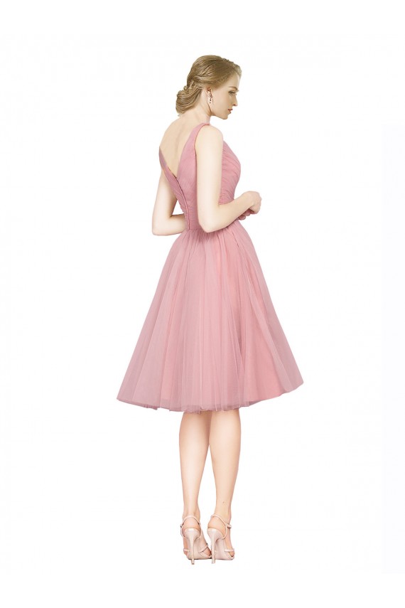 Short Knee Length Wide Strap Plunge Cross Over Neckline Tulle Cocktail Bridesmaid Dress