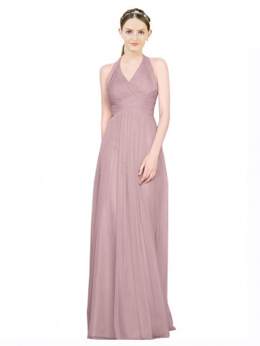 Shop Ruffled Halter V-Neck Long Tulle Bridesmaid Dress with Pleats UK