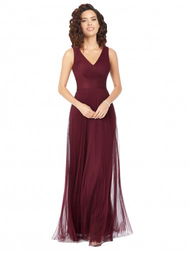 Shop Long A-Line V-Neck Tulle Bridesmaid Dress UK