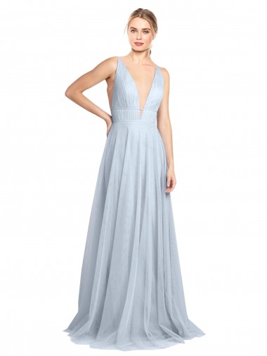 Shop Plunging Deep V-Neck Long Tulle Bridesmaid Dress with V-Back UK