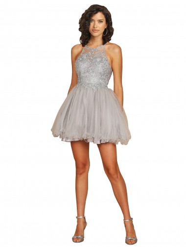Shop Halter Neckline Criss Cross Back Short Cocktail Dress with Beaded Lace Bodice UK
