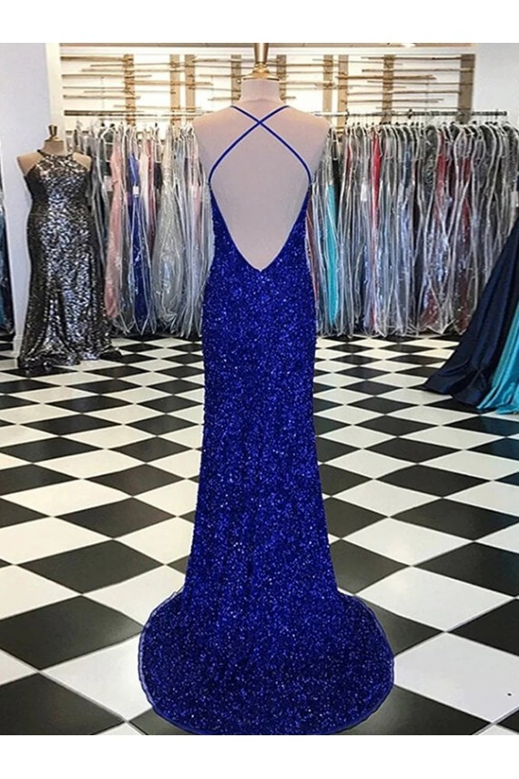 V-Neck Sleeveless Long Velvet Sequin Prom Dress