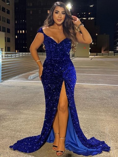 Shop V-Neck Sleeveless Long Sweep Train Velvet Sequin Prom Dress with Slit UK