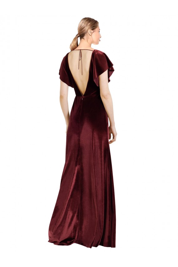 Flutter Sleeves Open Back Long Velvet Bridesmaid Dress / Prom Dress
