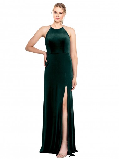 Shop Long Jewel Neck Full Length Velvet Bridesmaid Dress / Prom Dress with Side Slit UK