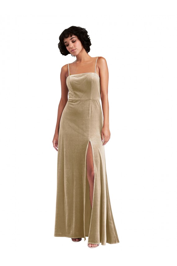 Square Neck Formal Velvet Maxi Bridesmaid Dress / Prom Dress with Front Slit