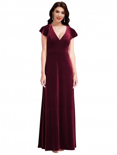 Shop Flutter Sleeve Velvet Maxi Bridesmaid Dress / Prom Dress with Pockets UK