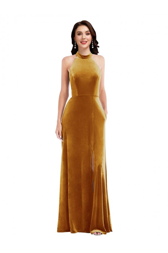 High-Neck Halter Velvet Maxi Bridesmaid Dress / Prom Dress with Front Slit