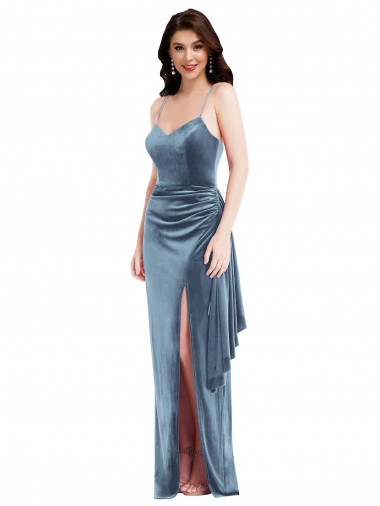Shop Spaghetti Strap Formal Velvet Maxi Bridesmaid Dress / Prom Dress with Draped Skirt UK
