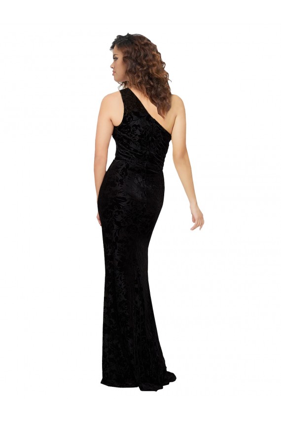 One Shoulder Long Sheath Sleeveless Floral Velvet Bridesmaid Dress