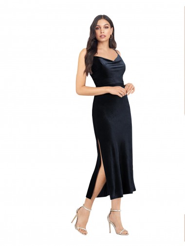 Shop Midi Cocktail Length Formal Velvet Bridesmaid Dress / Prom Dress with Cowl Neck and Spaghetti Straps UK