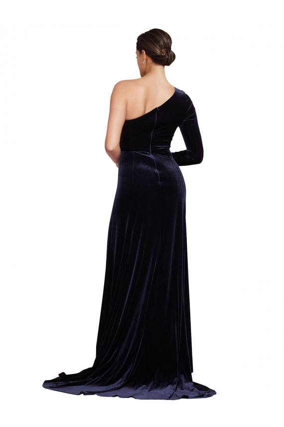 One Sleeve Long Formal Velvet Bridesmaid Dress / Prom Dress with Thigh High Split